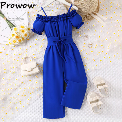 Prowow Παιδική Ολόσωμη φόρμα για κορίτσια Off Shoulder Rompers Μπλε βολάν ζωσμένες Παιδικές φόρμες καλοκαιρινές 2τμχ Σετ για κορίτσια