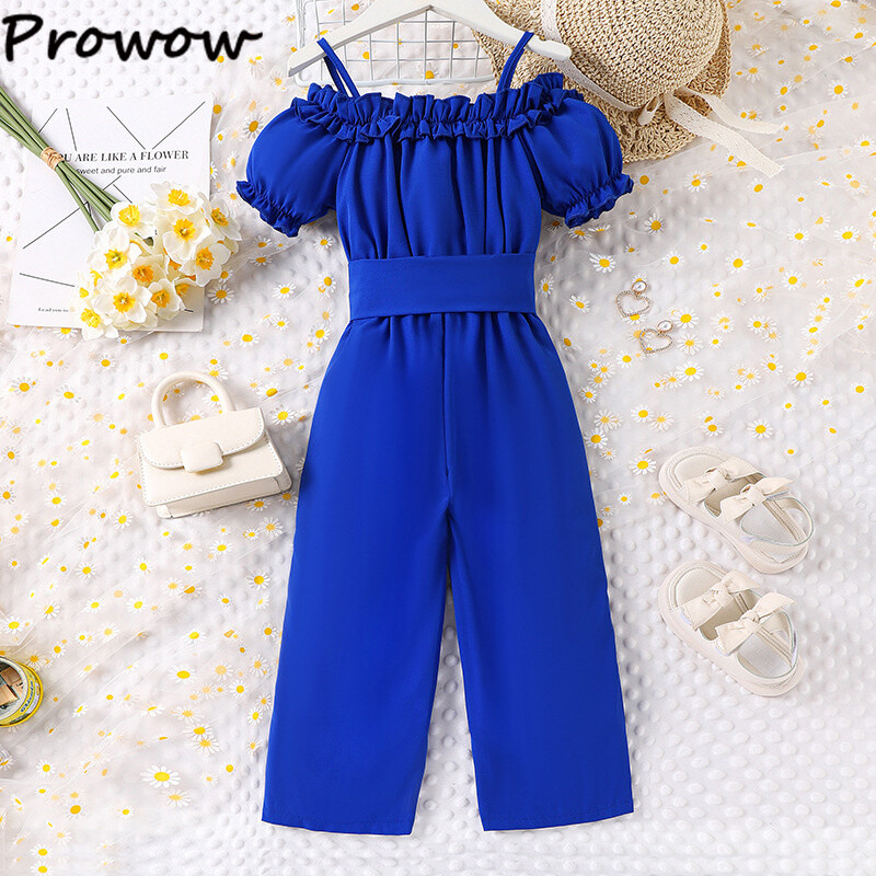 Prowow dječji kombinezon za djevojčice, hlače s otvorenim ramenima, plavi dječji kombinezoni s remenom s volanima, ljetni kompleti za djevojčice od 2 komada