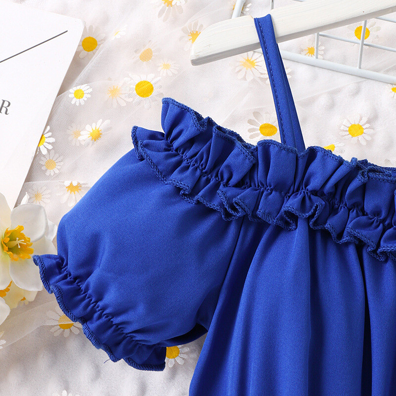 Prowow dječji kombinezon za djevojčice, hlače s otvorenim ramenima, plavi dječji kombinezoni s remenom s volanima, ljetni kompleti za djevojčice od 2 komada
