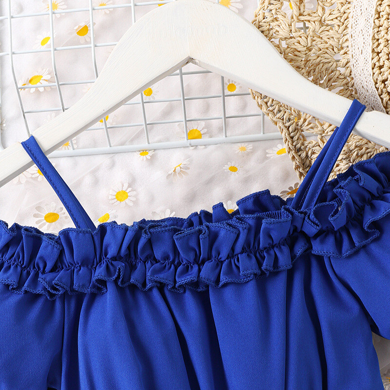 Prowow dječji kombinezon za djevojčice, hlače s otvorenim ramenima, plavi dječji kombinezoni s remenom s volanima, ljetni kompleti za djevojčice od 2 komada