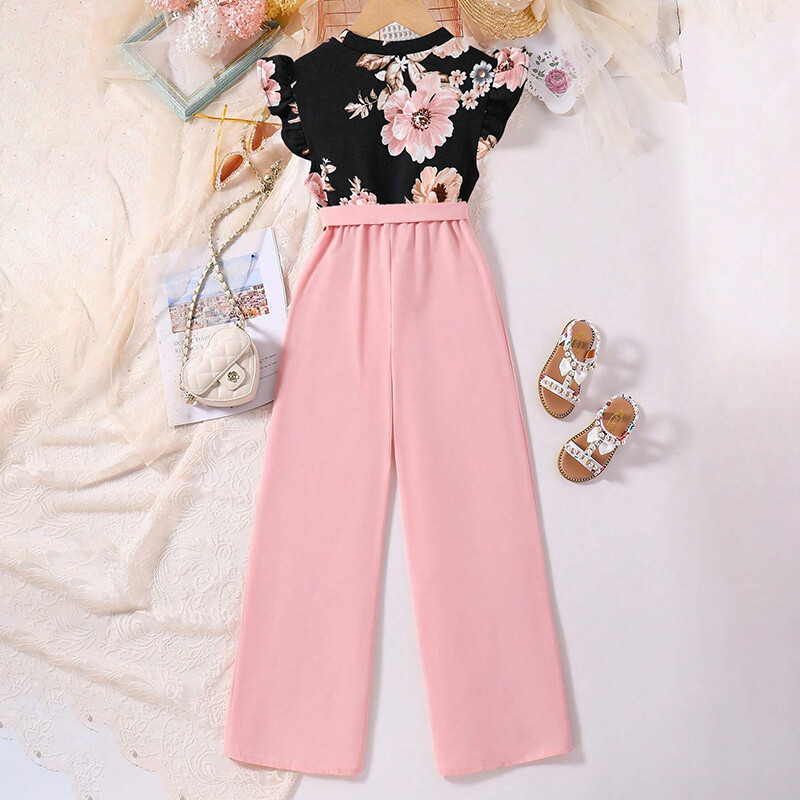 Kaheosalised rõivad Tüdrukutele, varrukatega, lilleline pluus, sirged püksid, trendikas komplekt, puhkuseks väljasõiduks suveriided