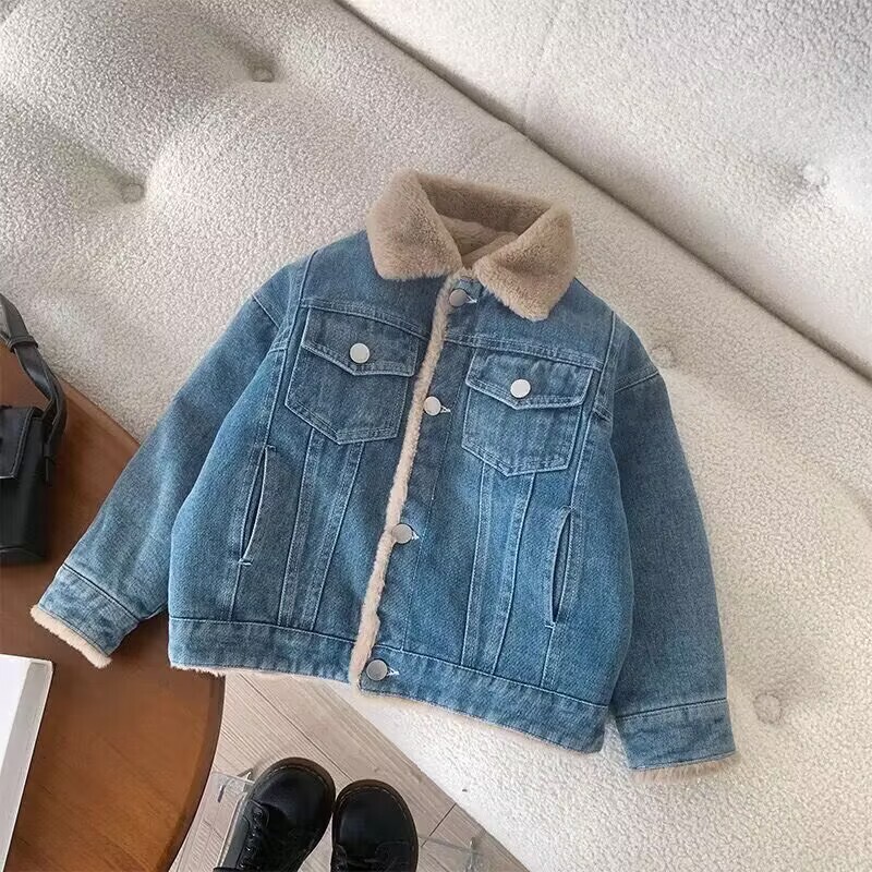 Dječja jakna Jesen i zima Nova zgodna polo kragna za dječake, topli kaput korejskog izdanja Plišani zadebljani traper kaput