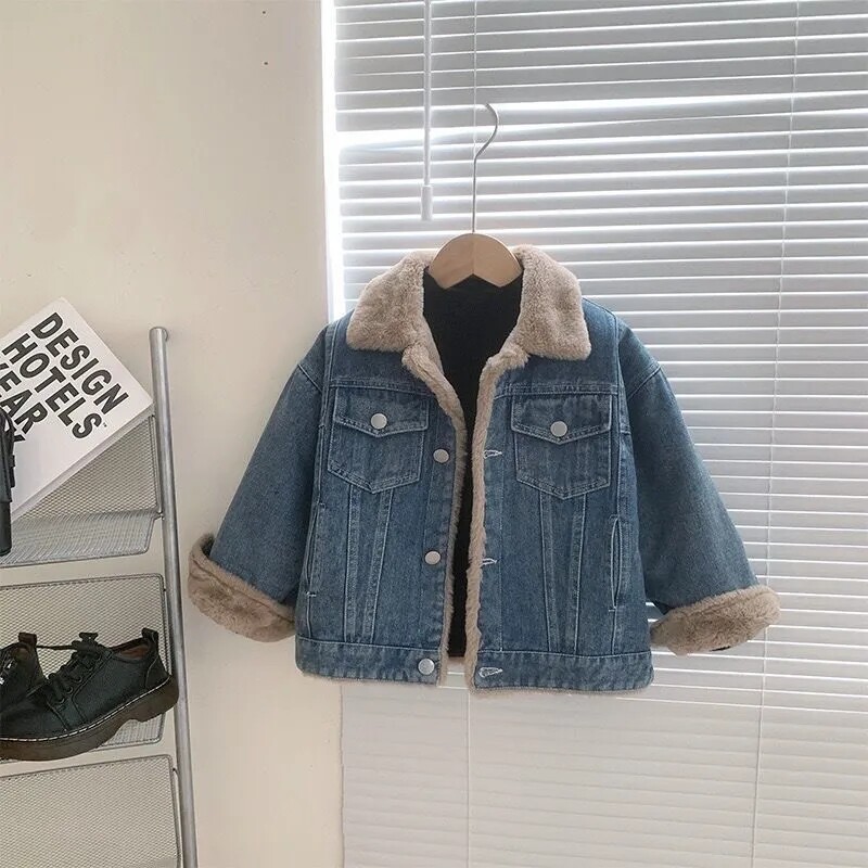 Dječja jakna Jesen i zima Nova zgodna polo kragna za dječake, topli kaput korejskog izdanja Plišani zadebljani traper kaput