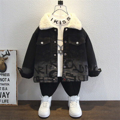Μπουφάν για αγόρια πανωφόρια βαμβακερά 2023 Jean Warm Plus Thicken Velvet Χειμερινά αθλητικά παιδικά ρούχα