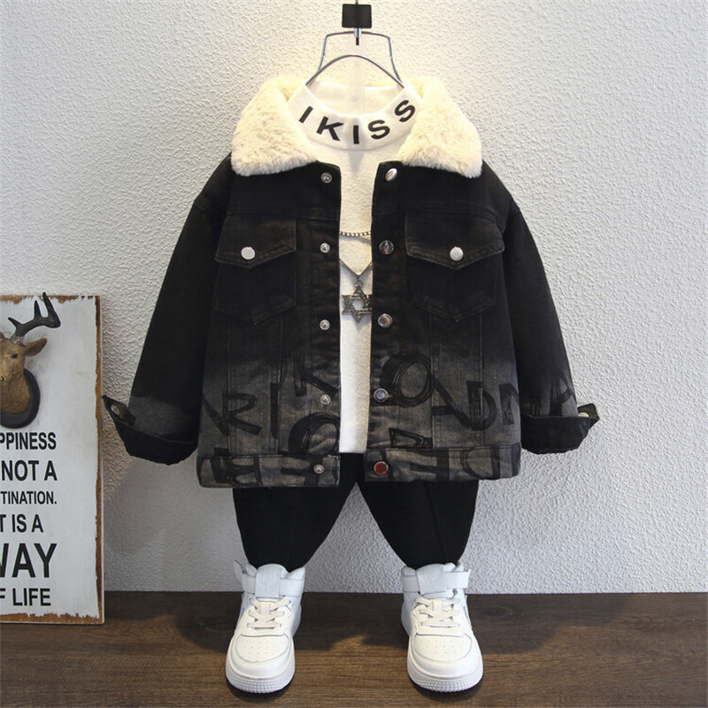 Μπουφάν για αγόρια πανωφόρια βαμβακερά 2023 Jean Warm Plus Thicken Velvet Χειμερινά αθλητικά παιδικά ρούχα