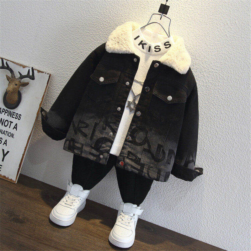 Μπουφάν για αγόρια πανωφόρια βαμβακερά 2023 Jean Warm Plus Thicken Velvet Χειμερινά αθλητικά παιδικά ρούχα