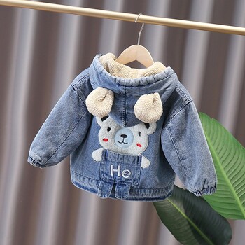 RAISE 2024 Korea Jesen Winter Boy Denim Jacket Hairy Bear Patched Plus Velvet Little Boy Coat Cartoon Kid Girl Parka с качулка на уши