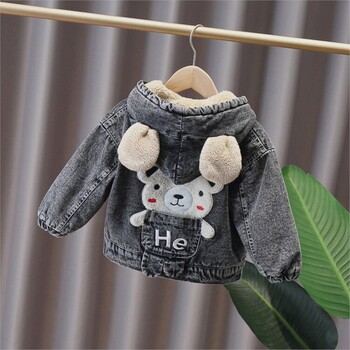 RAISE 2024 Korea Jesen Winter Boy Denim Jacket Hairy Bear Patched Plus Velvet Little Boy Coat Cartoon Kid Girl Parka с качулка на уши