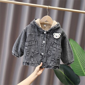 RAISE 2024 Korea Jesen Winter Boy Denim Jacket Hairy Bear Patched Plus Velvet Little Boy Coat Cartoon Kid Girl Parka с качулка на уши