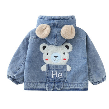 RAISE 2024 Korea Jesen Winter Boy Denim Jacket Hairy Bear Patched Plus Velvet Little Boy Coat Cartoon Kid Girl Parka с качулка на уши