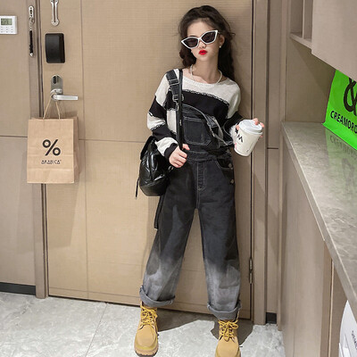 Sügispüksid Teksad Bib püksid 2024 Korea stiilis laste kombinesoonid tüdrukutele Denim Jean Jumpsuit Teismeline 4 6 8 10 12 15 aastat