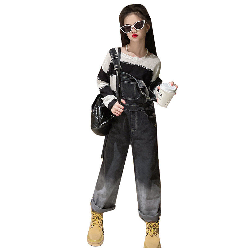 Sügispüksid Teksad Bib püksid 2024 Korea stiilis laste kombinesoonid tüdrukutele Denim Jean Jumpsuit Teismeline 4 6 8 10 12 15 aastat