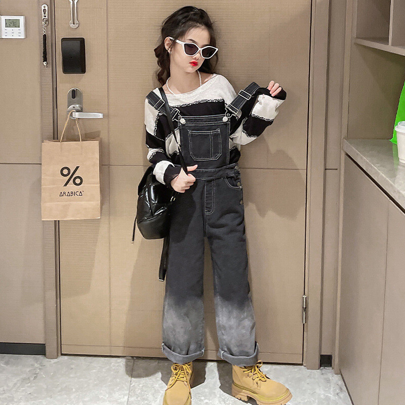 Sügispüksid Teksad Bib püksid 2024 Korea stiilis laste kombinesoonid tüdrukutele Denim Jean Jumpsuit Teismeline 4 6 8 10 12 15 aastat