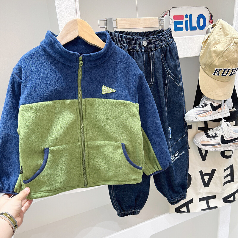 2024 Jesen Zima Studenti Flis jakna za dječake Zakrpana naljepnica Gornja odjeća za djecu za dječake Podebljani patentni zatvarač Elegantni kaputi za dječake