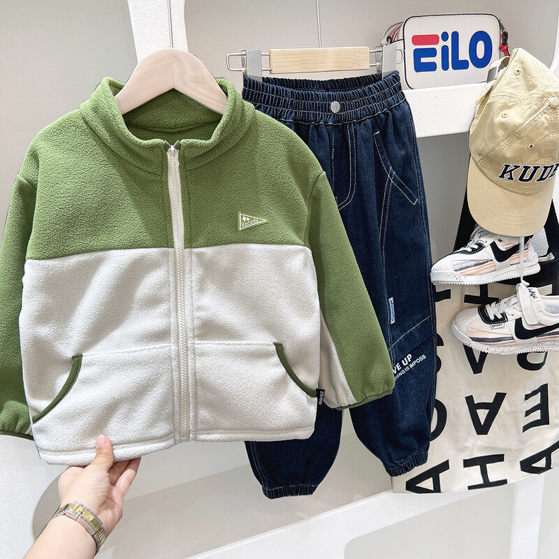 2024 Jesen Zima Studenti Flis jakna za dječake Zakrpana naljepnica Gornja odjeća za djecu za dječake Podebljani patentni zatvarač Elegantni kaputi za dječake