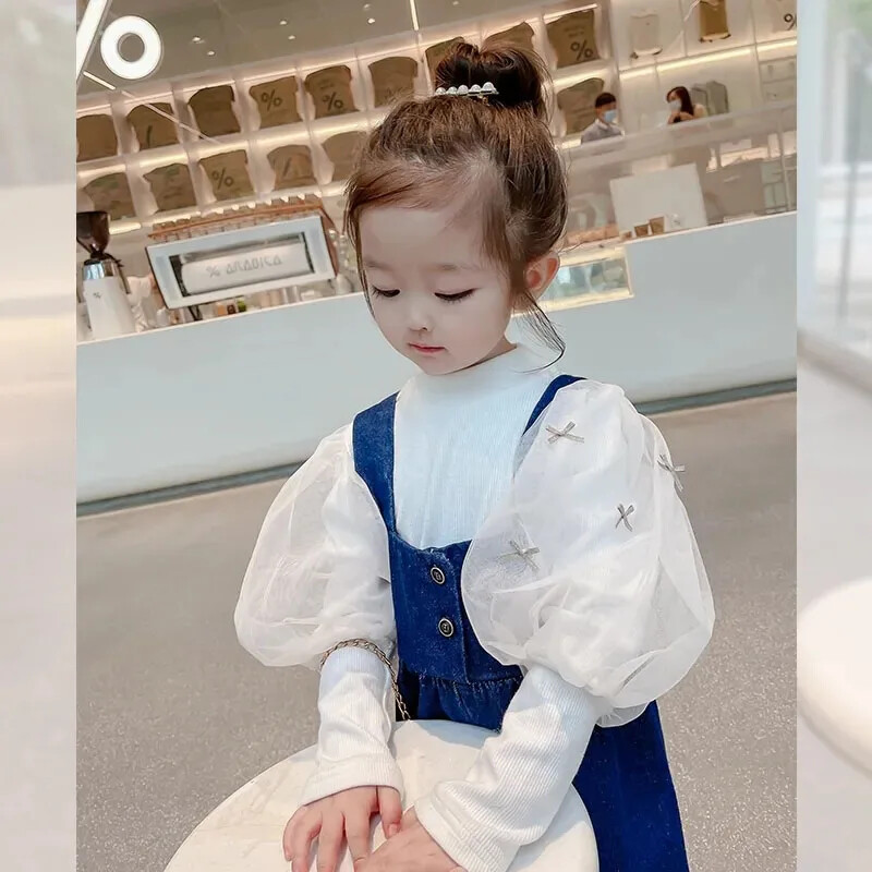 2024 Tüdrukute rõivad Kevad Uued Püksid Mood Lapsed Denim Kombinesoonid Tüdrukud Beebi Suspensid Laia säärega püksid Lapsed 9 punkti püksid