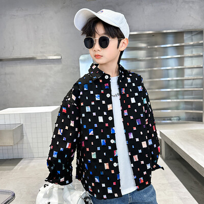 Jesenski kaput za dječake Pamuk Dječje bijele/crne jakne s otvorenim ovratnikom Moda 2023. Tinejdžerske karirane majice dugih rukava 6-16 god.