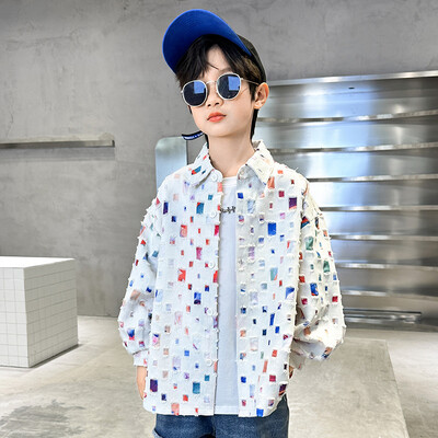 Jesenski kaput za dječake Pamuk Dječje bijele/crne jakne s otvorenim ovratnikom Moda 2023. Tinejdžerske karirane majice dugih rukava 6-16 god.