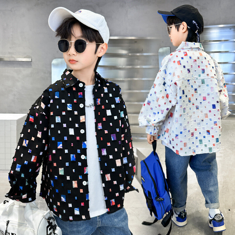Jesenski kaput za dječake Pamuk Dječje bijele/crne jakne s otvorenim ovratnikom Moda 2023. Tinejdžerske karirane majice dugih rukava 6-16 god.