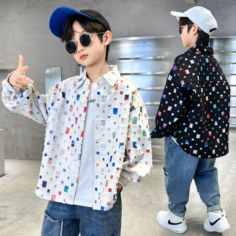 Jesenski kaput za dječake Pamuk Dječje bijele/crne jakne s otvorenim ovratnikom Moda 2023. Tinejdžerske karirane majice dugih rukava 6-16 god.