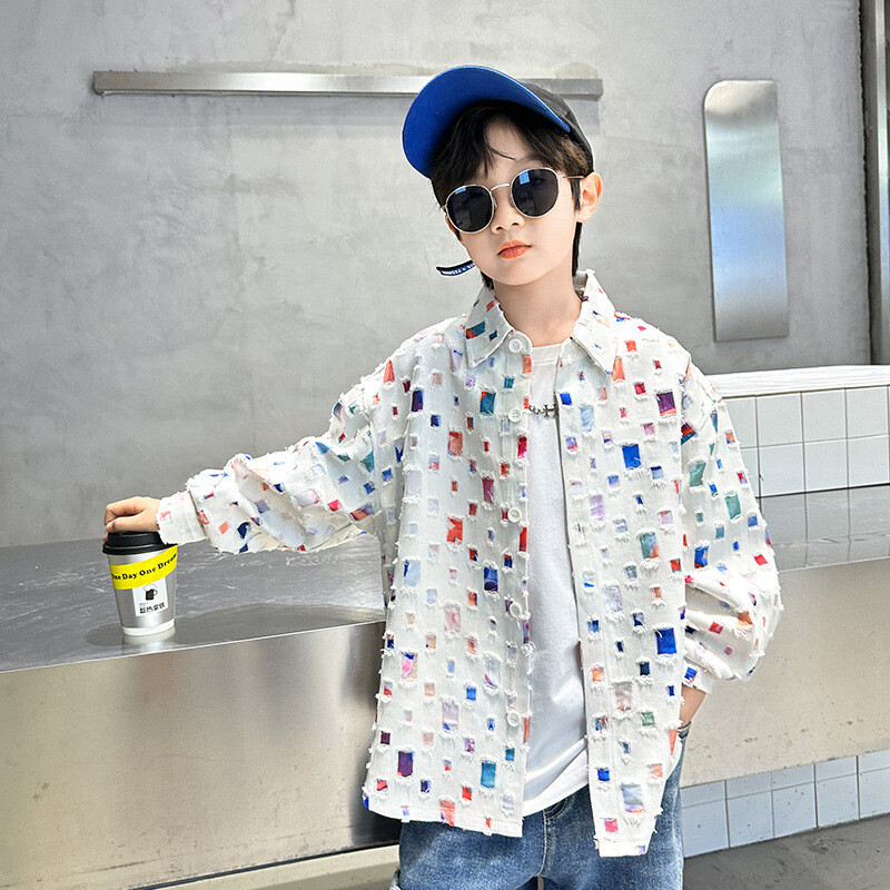 Jesenski kaput za dječake Pamuk Dječje bijele/crne jakne s otvorenim ovratnikom Moda 2023. Tinejdžerske karirane majice dugih rukava 6-16 god.