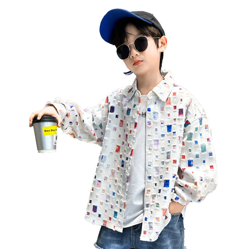 Jesenski kaput za dječake Pamuk Dječje bijele/crne jakne s otvorenim ovratnikom Moda 2023. Tinejdžerske karirane majice dugih rukava 6-16 god.