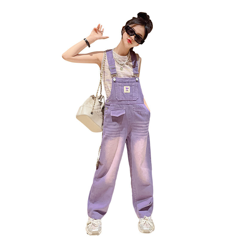 Djevojački traper kombinezon za djecu Dječji ljetni ljubičasti tregeri Široke traperice Dječji kombinezon Ležerni kombinezon za korejske djevojčice 4-14 godina