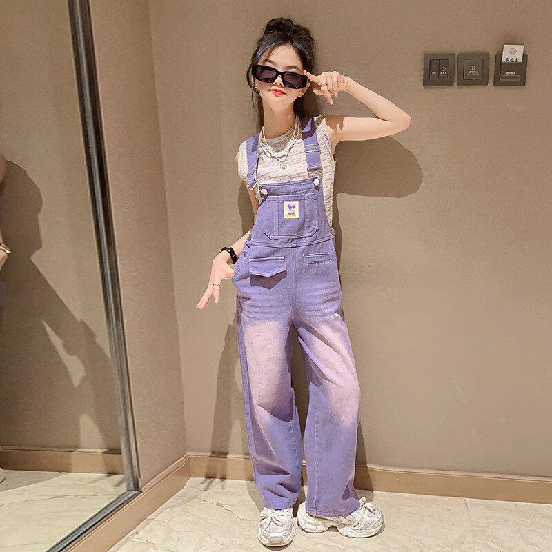 Djevojački traper kombinezon za djecu Dječji ljetni ljubičasti tregeri Široke traperice Dječji kombinezon Ležerni kombinezon za korejske djevojčice 4-14 godina