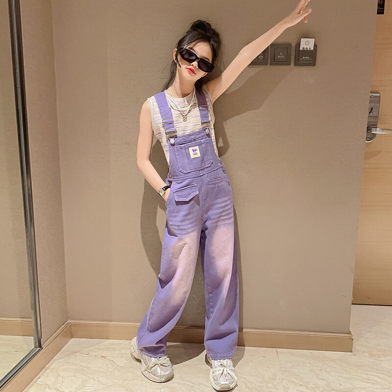 Djevojački traper kombinezon za djecu Dječji ljetni ljubičasti tregeri Široke traperice Dječji kombinezon Ležerni kombinezon za korejske djevojčice 4-14 godina