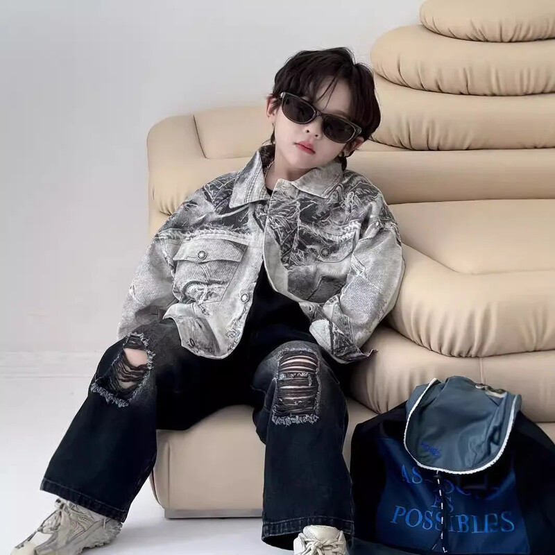 Dječje jakne Jesen 2024. Novo za dječake Korejska dječja odjeća Američka široka jakna s printom Trendy Brand jakna Kratka pamučna jakna