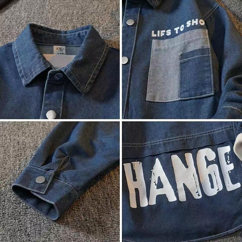 Dječja odjeća za dječake Traper košulja s otisnutim slovima Dječja odjeća za proljeće i jesen s otvorenim ovratnikom Odjeća za dječake Tinejdžeri Jean Jakna Bluza
