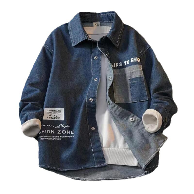 Dječja odjeća za dječake Traper košulja s otisnutim slovima Dječja odjeća za proljeće i jesen s otvorenim ovratnikom Odjeća za dječake Tinejdžeri Jean Jakna Bluza