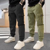 Nove dječje hlače Jednobojne pamučne kargo hlače s elastičnim strukom s džepovima Elegantne ležerne sportske hlače za dječake Dječje hlače ugodne za kožu