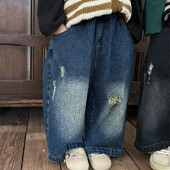 Hlače za djevojčice Jesen 2024. Nova dječja odjeća Za dječake i djevojčice Strani stil Rupe Staro tlo Bijele široke traperice ravnih nogavica Ležerne