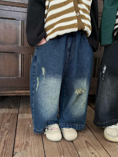 Hlače za djevojčice Jesen 2024. Nova dječja odjeća Za dječake i djevojčice Strani stil Rupe Staro tlo Bijele široke traperice ravnih nogavica Ležerne