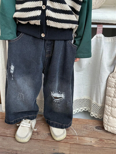 Hlače za djevojčice Jesen 2024. Nova dječja odjeća Za dječake i djevojčice Strani stil Rupe Staro tlo Bijele široke traperice ravnih nogavica Ležerne