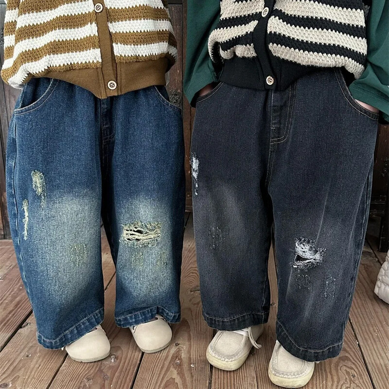 Hlače za djevojčice Jesen 2024. Nova dječja odjeća Za dječake i djevojčice Strani stil Rupe Staro tlo Bijele široke traperice ravnih nogavica Ležerne