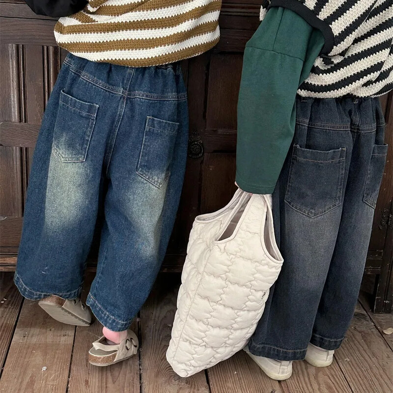 Hlače za djevojčice Jesen 2024. Nova dječja odjeća Za dječake i djevojčice Strani stil Rupe Staro tlo Bijele široke traperice ravnih nogavica Ležerne