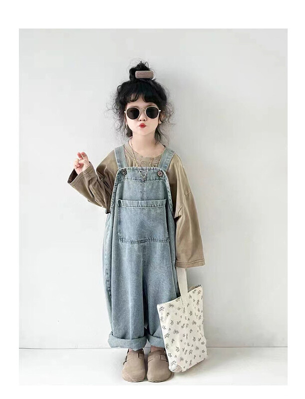 Ολόσωμες φόρμες για κορίτσια Παιδικά ρούχα Κορεάτικα 2024 Φθινόπωρο Νέο Παιδικό Κοριτσάκι Casual Απλές Vintage Χαλαρές τζιν φόρμες All Match