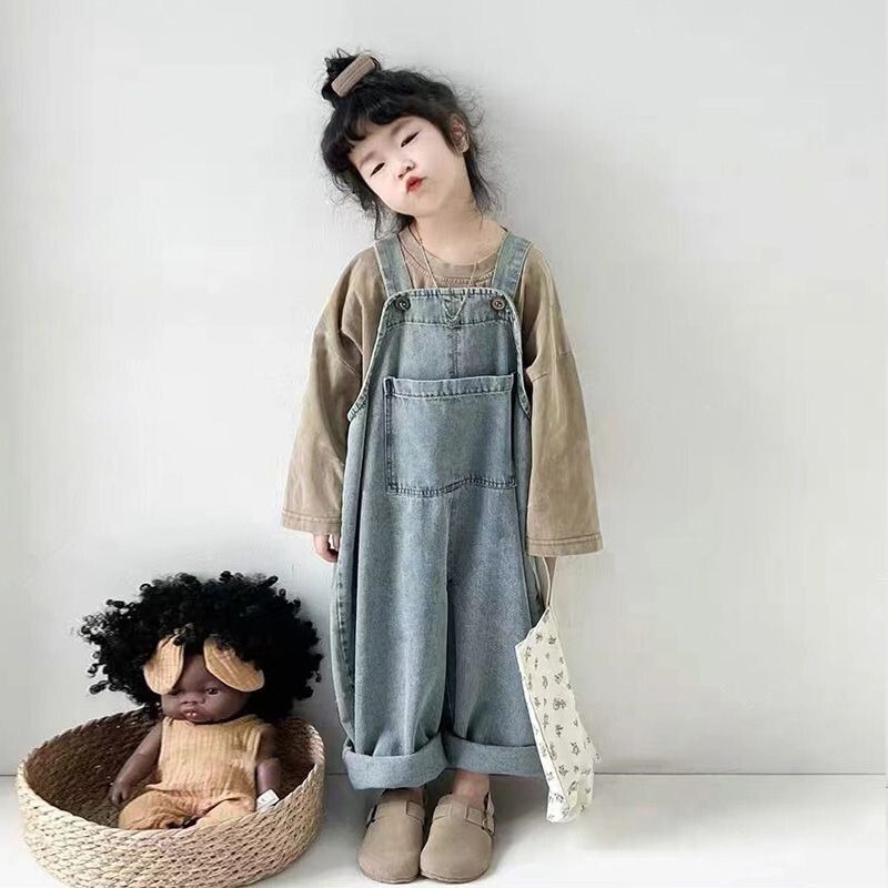 Ολόσωμες φόρμες για κορίτσια Παιδικά ρούχα Κορεάτικα 2024 Φθινόπωρο Νέο Παιδικό Κοριτσάκι Casual Απλές Vintage Χαλαρές τζιν φόρμες All Match