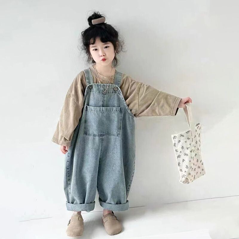 Ολόσωμες φόρμες για κορίτσια Παιδικά ρούχα Κορεάτικα 2024 Φθινόπωρο Νέο Παιδικό Κοριτσάκι Casual Απλές Vintage Χαλαρές τζιν φόρμες All Match