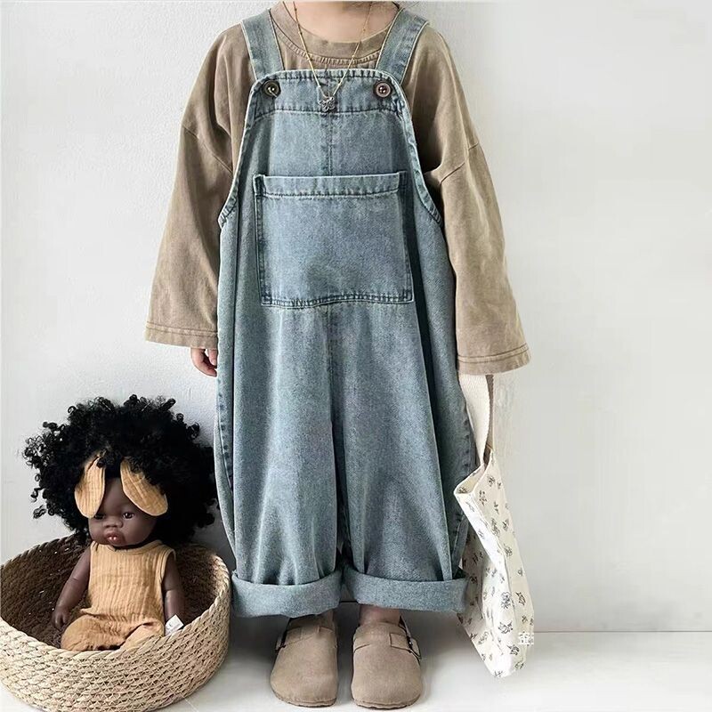 Ολόσωμες φόρμες για κορίτσια Παιδικά ρούχα Κορεάτικα 2024 Φθινόπωρο Νέο Παιδικό Κοριτσάκι Casual Απλές Vintage Χαλαρές τζιν φόρμες All Match