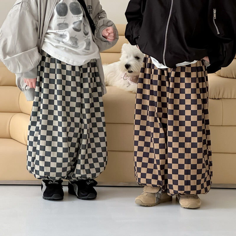 2024 Φθινόπωρο για αγόρια και κορίτσια Κορεάτικη σκακιέρα με μοτίβο φαρδύ παντελόνι για παιδιά Casual, ευέλικτο, ευέλικτο μπουτίκ παντελόνι με φανάρι