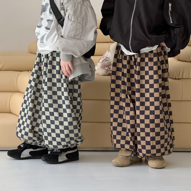 2024 Φθινόπωρο για αγόρια και κορίτσια Κορεάτικη σκακιέρα με μοτίβο φαρδύ παντελόνι για παιδιά Casual, ευέλικτο, ευέλικτο μπουτίκ παντελόνι με φανάρι