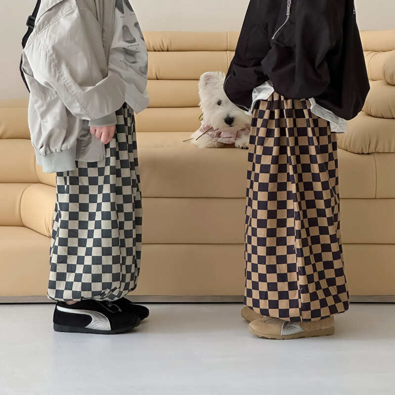 2024 Φθινόπωρο για αγόρια και κορίτσια Κορεάτικη σκακιέρα με μοτίβο φαρδύ παντελόνι για παιδιά Casual, ευέλικτο, ευέλικτο μπουτίκ παντελόνι με φανάρι