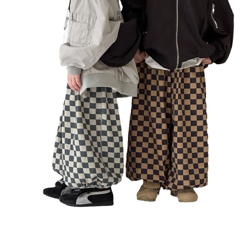 2024 Φθινόπωρο για αγόρια και κορίτσια Κορεάτικη σκακιέρα με μοτίβο φαρδύ παντελόνι για παιδιά Casual, ευέλικτο, ευέλικτο μπουτίκ παντελόνι με φανάρι