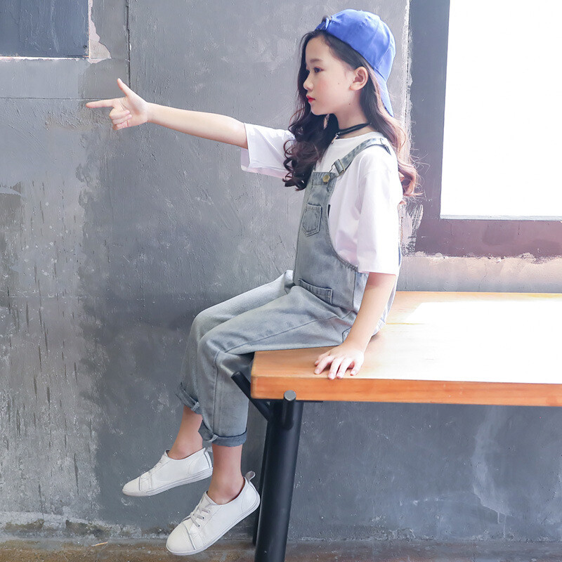 Modni ležerni kombinezoni za djevojčice Široke dječje hlače s tregerima Proljeće Jesen Prozračni dječji kombinezoni Kvalitetne duge hlače za djevojčice