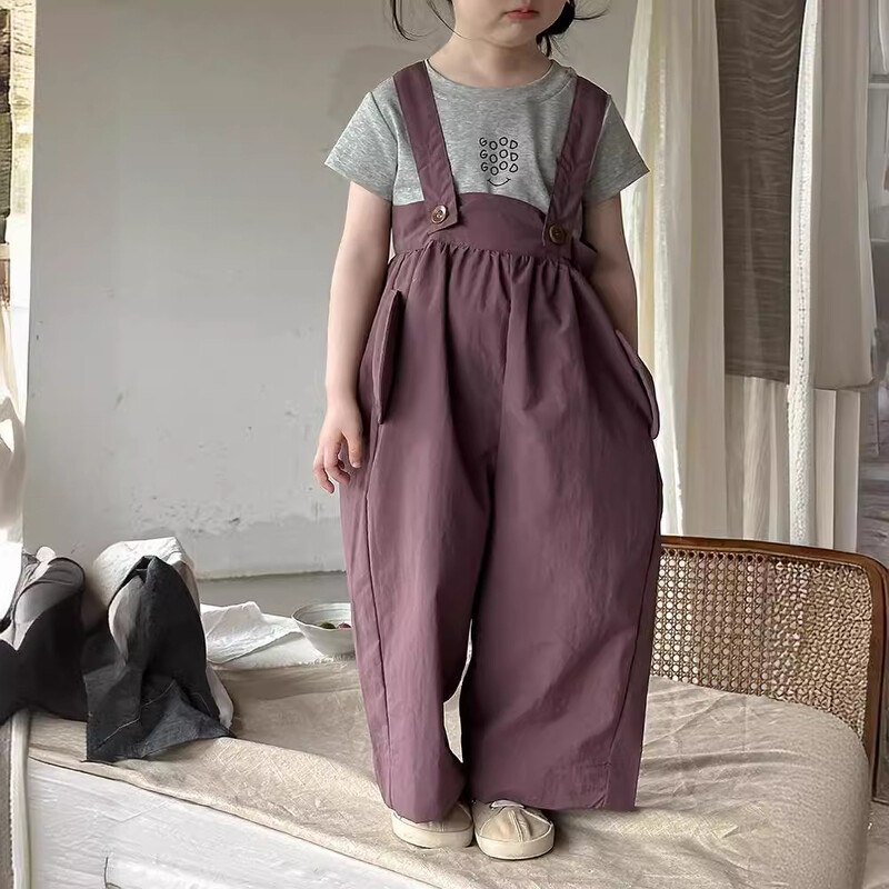 Dječji kombinezon širokih nogavica na tregere, ljeto 2024., novi korejski stil za dječake i djevojčice, široke jednobojne hlače ravnih nogavica, dječja odjeća