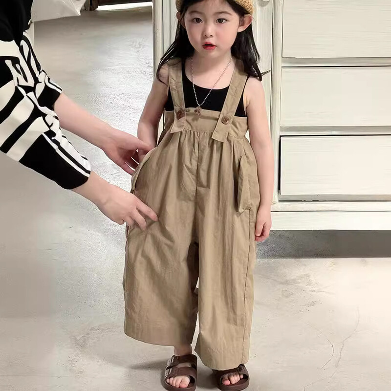 Dječji kombinezon širokih nogavica na tregere, ljeto 2024., novi korejski stil za dječake i djevojčice, široke jednobojne hlače ravnih nogavica, dječja odjeća