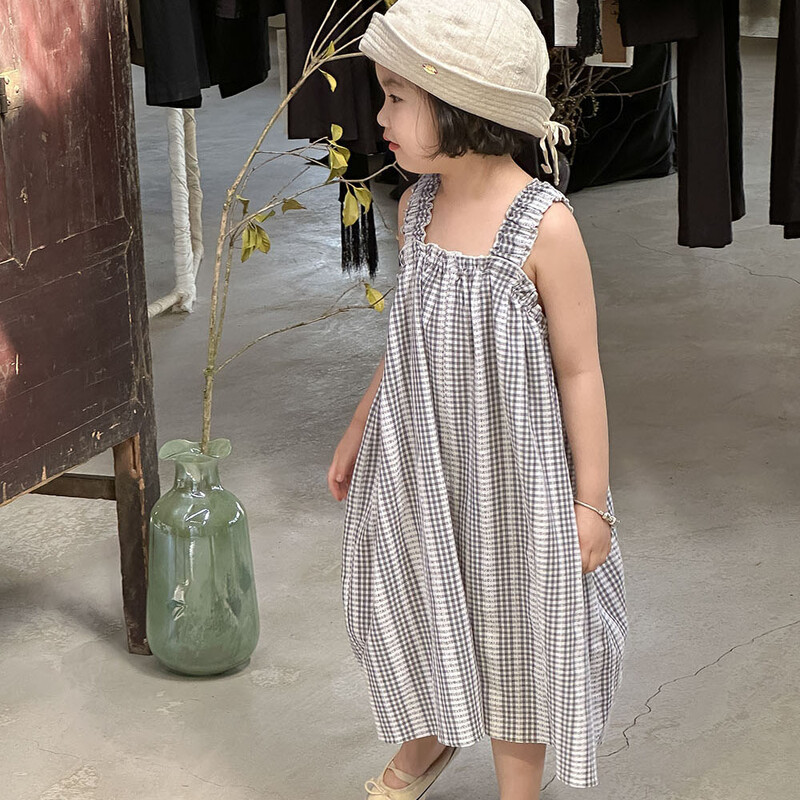 Djevojački kombinezon Dječji novi ljetni kombinezon u korejskom stilu Djevojačke modne karirane čipkaste karirane naramenice Kombinezon Odjeća